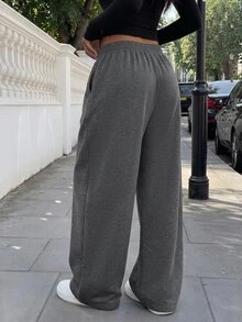 FavEase Women's Fleece Elastic Waist Solid Color Pleated Casual Comfy Sweatpants Airport Grey Winter - Dark Grey - View 2