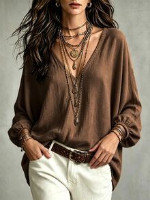 Glimmora Plus Size Women's Autumn Casual Solid Color Batwing Sleeve Top - Brown - View 3