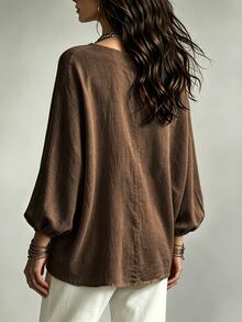 Glimmora Plus Size Women's Autumn Casual Solid Color Batwing Sleeve Top - Brown - View 2