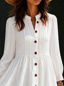 SHEIN Women's Long Half-Open Front Long Sleeve Dress Vacation White Fall Elegant Boho - White - View 8