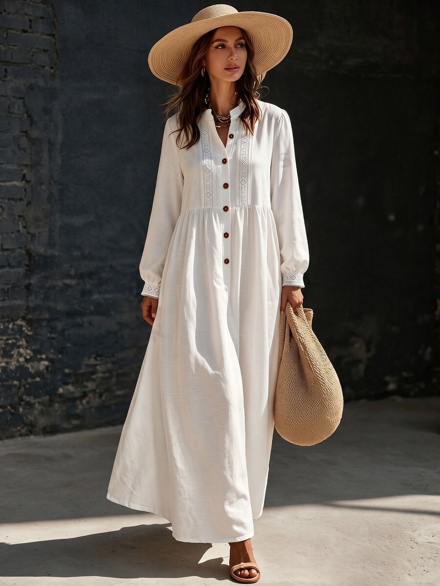 SHEIN Women's Long Half-Open Front Long Sleeve Dress Vacation White Fall Elegant Boho