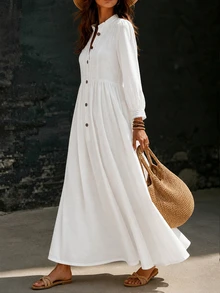 SHEIN Women's Long Half-Open Front Long Sleeve Dress Vacation White Fall Elegant Boho - White - View 5