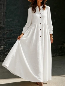 SHEIN Women's Long Half-Open Front Long Sleeve Dress Vacation White Fall Elegant Boho - White - View 9
