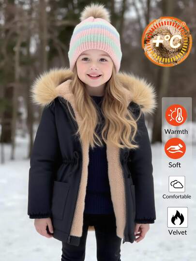 Emery Rose Kids Emery Rose Kids Young Girl Young Girl Solid Color Winter Hooded ,Thermal Fleece Lined Autumn Coat With Collar,Casual Mid-Length Outerwear,Colorful Career Day Fashion Warm