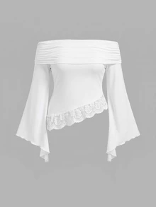 SHEIN MOD White Lace Cold Shoulder Ruffle Bell Sleeve Women's Top, Vintage Style, Women's Set, Party,Chic Top,Wedding Guest,Concert Tops,White Top Fall - White - View 3
