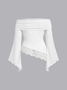 SHEIN MOD White Lace Cold Shoulder Ruffle Bell Sleeve Women's Top, Vintage Style, Women's Set, Party,Chic Top,Wedding Guest,Concert Tops,White Top Fall - White - View 2