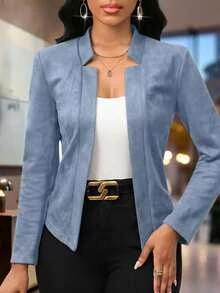 SHEIN Lady 女款素色長袖開襟休閒優雅商務夾克外套 辦公室穿搭 灰藍色 秋冬 - 藍色 - 查看 8
