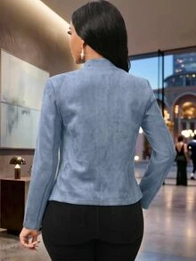 SHEIN Lady 女款素色長袖開襟休閒優雅商務夾克外套 辦公室穿搭 灰藍色 秋冬 - 藍色 - 查看 2