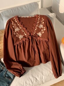 Comfortcana Plus Size Elegant Vintage Embroidered Tie Long Sleeve Shirt - Brown - View 1