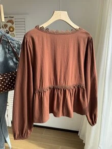 Comfortcana Plus Size Elegant Vintage Embroidered Tie Long Sleeve Shirt - Brown - View 2