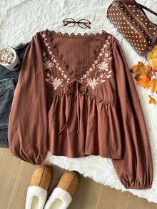 Comfortcana Plus Size Elegant Vintage Embroidered Tie Long Sleeve Shirt - Brown - View 5