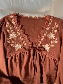 Comfortcana Plus Size Elegant Vintage Embroidered Tie Long Sleeve Shirt - Brown - View 7