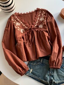 Comfortcana Plus Size Elegant Vintage Embroidered Tie Long Sleeve Shirt - Brown - View 6