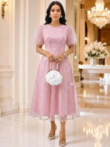 SHEIN Lady 女款圓領短花瓣袖亮片優雅中長洋裝 - 粉色 - 查看 4