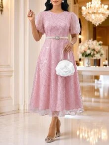 SHEIN Lady 女款圓領短花瓣袖亮片優雅中長洋裝 - 粉色 - 查看 3
