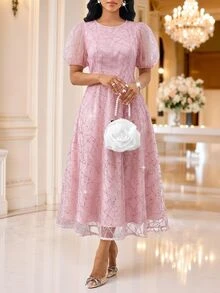 SHEIN Lady 女款圓領短花瓣袖亮片優雅中長洋裝 - 粉色 - 查看 1