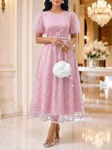 SHEIN Lady 女款圓領短花瓣袖亮片優雅中長洋裝 - 粉色 - 查看 5