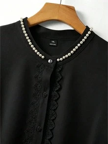 GlowEve CURVE Plus Size Elegant Pearl Embellished Blouse, Summer - Black - View 7
