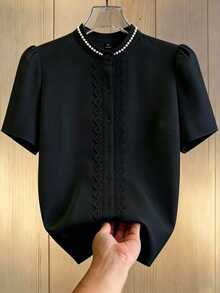 GlowEve CURVE Plus Size Elegant Pearl Embellished Blouse, Summer - Black - View 1
