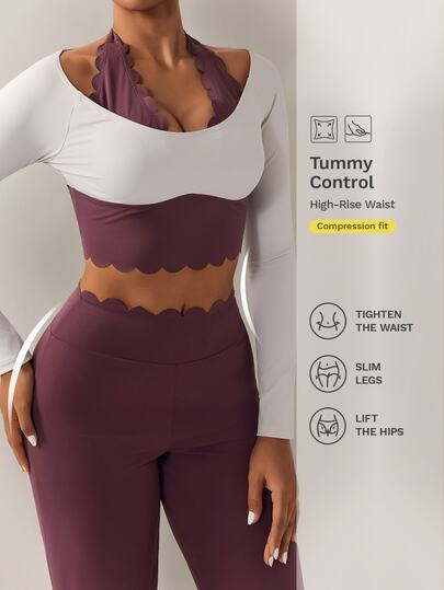 Nuvra 2026 New Petal Trim Contrast Color 4-Way Stretch Sports Flare Leggings Yoga Pilates Workout T-Shirt & Tank Top