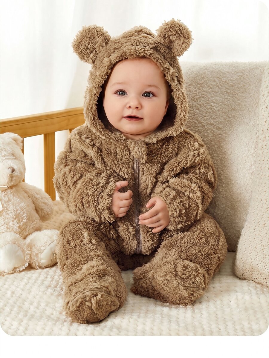 SHEIN Cute Fluffy Pink Hooded Jumpsuit For Baby Girls, Autumn/Winter - Brown - View 1