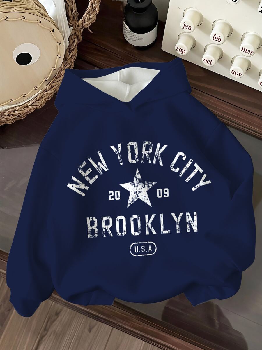 青少年女孩休閒極簡字母 NEW YORK CITY 圖案,寬鬆舒適保暖內裡衛衣,適合秋冬穿著,舒適秋季與冬季風格,鈷藍色,返校季 - 彩色 - 查看 1