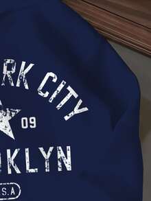青少年女孩休閒極簡字母 NEW YORK CITY 圖案，寬鬆舒適保暖內裡衛衣，適合秋冬穿著，舒適秋季與冬季風格，鈷藍色，返校季 - 彩色 - 查看 5