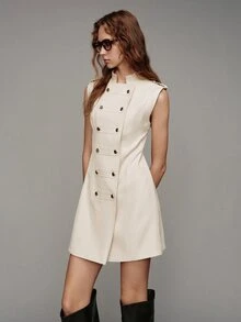 MOTF PREMIUM CASUAL BUTTON-FRONT FITTED SHORT DRESS - Apricot - View 4