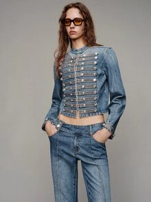 MOTF PREMIUM WOMEN'S WASHED DENIM JACKET WITH BUTTON DECOR - Blue - View 10
