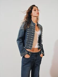 MOTF PREMIUM WOMEN'S WASHED DENIM JACKET WITH BUTTON DECOR - Blue - View 2