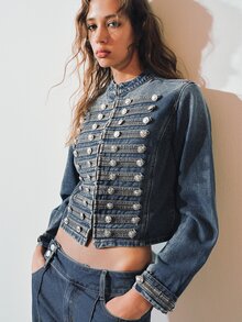 MOTF PREMIUM WOMEN'S WASHED DENIM JACKET WITH BUTTON DECOR - Blue - View 8