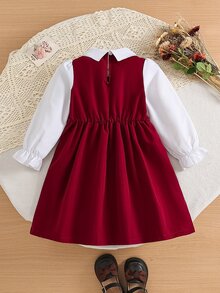 SHEIN 1件女童2合1藍白條紋拼接海軍藍領泡泡袖長袖洋裝，百褶A字收腰傘裙，休閒復古學院風韓系時尚洋裝，適合春秋日常穿著、旅行、度假、派對等多用途場合 - 紅色 - 查看 4