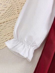 SHEIN 1件女童2合1藍白條紋拼接海軍藍領泡泡袖長袖洋裝，百褶A字收腰傘裙，休閒復古學院風韓系時尚洋裝，適合春秋日常穿著、旅行、度假、派對等多用途場合 - 紅色 - 查看 8