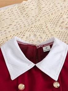 SHEIN 1件女童2合1藍白條紋拼接海軍藍領泡泡袖長袖洋裝，百褶A字收腰傘裙，休閒復古學院風韓系時尚洋裝，適合春秋日常穿著、旅行、度假、派對等多用途場合 - 紅色 - 查看 6