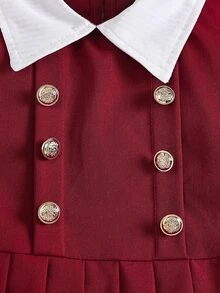 SHEIN 1件女童2合1藍白條紋拼接海軍藍領泡泡袖長袖洋裝，百褶A字收腰傘裙，休閒復古學院風韓系時尚洋裝，適合春秋日常穿著、旅行、度假、派對等多用途場合 - 紅色 - 查看 7
