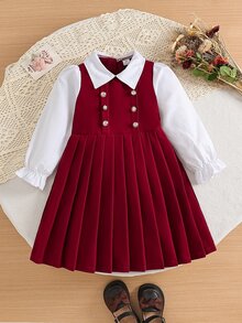 SHEIN 1件女童2合1藍白條紋拼接海軍藍領泡泡袖長袖洋裝，百褶A字收腰傘裙，休閒復古學院風韓系時尚洋裝，適合春秋日常穿著、旅行、度假、派對等多用途場合 - 紅色 - 查看 5
