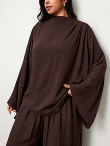Truni Plus-Size Women's Brown Elegant Top And Wide-Leg Pants Two Pieces Set, Suitable For Commuting Work Wear Women Brown Tops - Brown - View 7