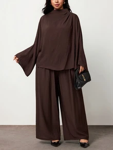 Truni Plus-Size Women's Brown Elegant Top And Wide-Leg Pants Two Pieces Set, Suitable For Commuting Work Wear Women Brown Tops - Brown - View 5