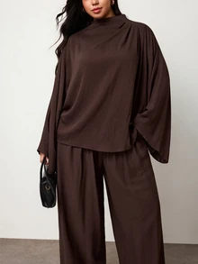 Truni Plus-Size Women's Brown Elegant Top And Wide-Leg Pants Two Pieces Set, Suitable For Commuting Work Wear Women Brown Tops - Brown - View 3