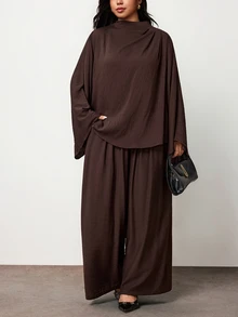 Truni Plus-Size Women's Brown Elegant Top And Wide-Leg Pants Two Pieces Set, Suitable For Commuting Work Wear Women Brown Tops - Brown - View 4