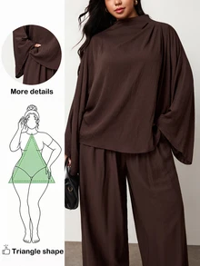 Truni Plus-Size Women's Brown Elegant Top And Wide-Leg Pants Two Pieces Set, Suitable For Commuting Work Wear Women Brown Tops - Brown - View 1