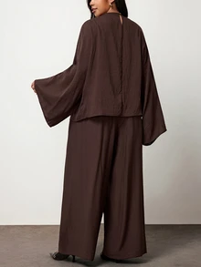 Truni Plus-Size Women's Brown Elegant Top And Wide-Leg Pants Two Pieces Set, Suitable For Commuting Work Wear Women Brown Tops - Brown - View 2