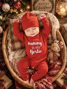 SHEIN 2pcs Newborn Baby Photography Outfit Set, Festive Red Printed Jumpsuit For Baby Boy & Girl, Cute Infant Party Gift, Baby Photo Props, Autumn - Hot Pink - View 2