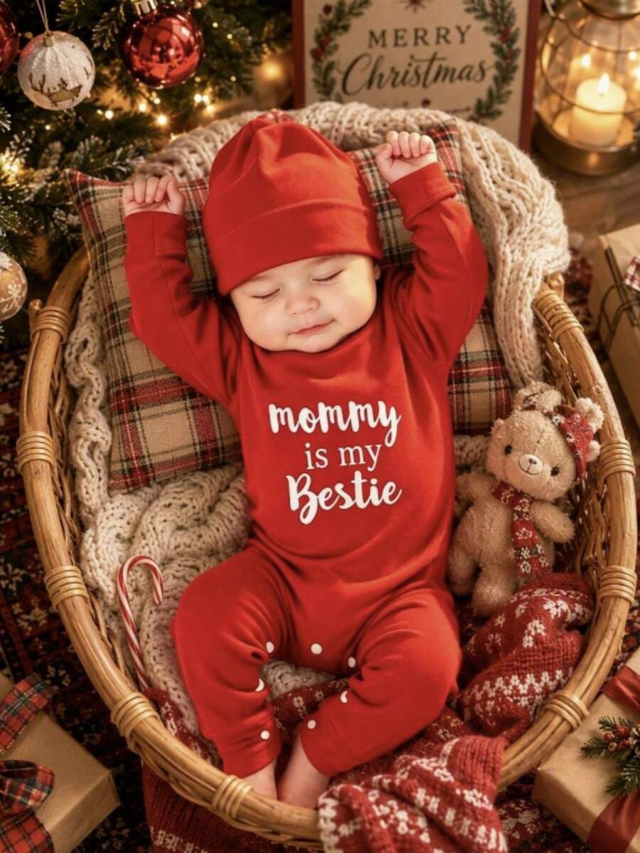 SHEIN 2pcs Newborn Baby Photography Outfit Set, Festive Red Printed Jumpsuit For Baby Boy & Girl, Cute Infant Party Gift, Baby Photo Props, Autumn