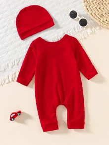 SHEIN 2pcs Newborn Baby Photography Outfit Set, Festive Red Printed Jumpsuit For Baby Boy & Girl, Cute Infant Party Gift, Baby Photo Props, Autumn - Hot Pink - View 4