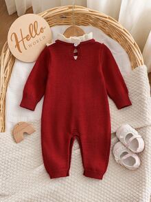 SHEIN Baby Girl Bowknot Decor Contrast Color Casual Daily Knit Jumpsuit - Burgundy - View 2