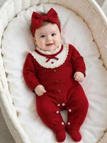SHEIN Baby Girl Bowknot Decor Contrast Color Casual Daily Knit Jumpsuit - Burgundy - View 7