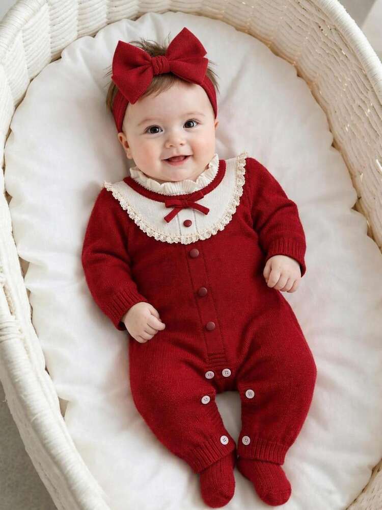 SHEIN Baby Girl Bowknot Decor Contrast Color Casual Daily Knit Jumpsuit Autumn Winter - Burgundy - View 7