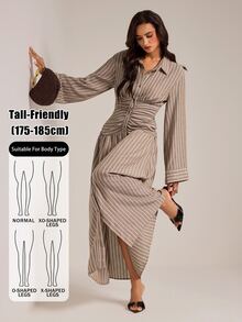 SHEIN Tall 高個女性棕色條紋喇叭 A 字超長長褲 - 棕色 - 查看 10