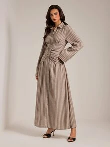 SHEIN Tall 高個女性棕色條紋喇叭 A 字超長長褲 - 棕色 - 查看 8